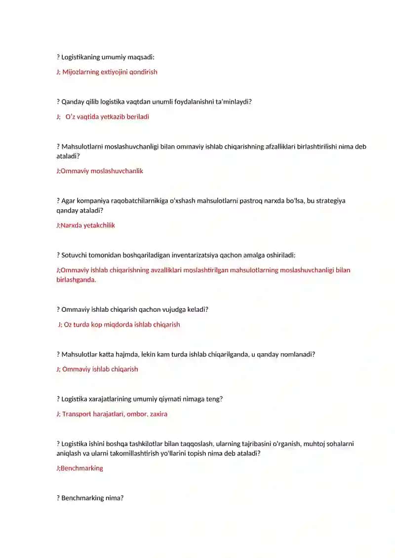 Logistika fanidan oraliq nazorat testlari 2