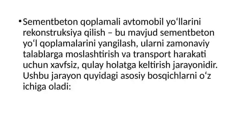 Sementbeton qoplamali avtomobillarini rekonstruksiya qilish 2