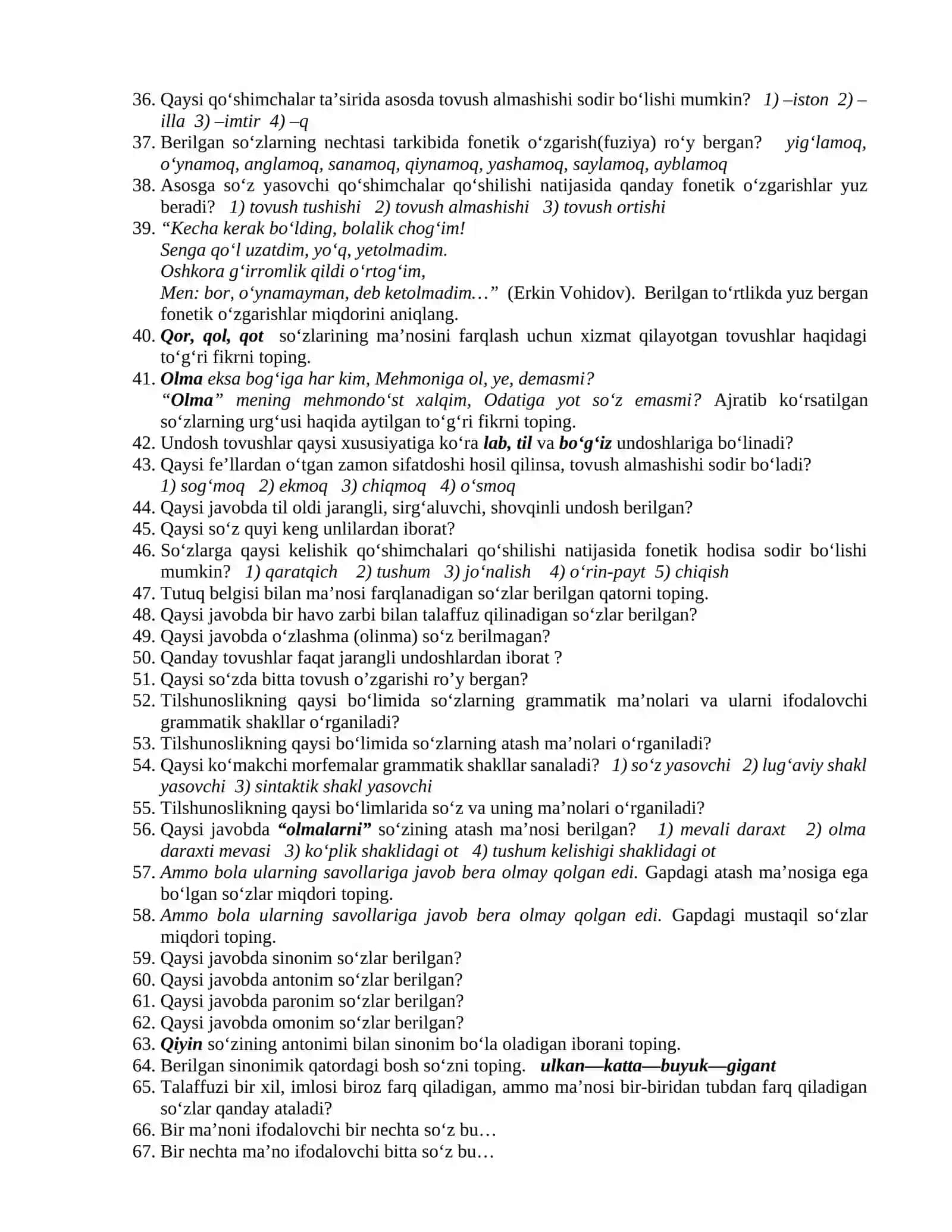 Tilshunoslik fanidan yakuniy nazorat TEST savollari 2