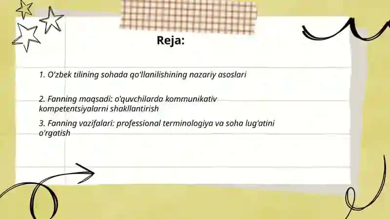 O'zbek tilini sohada qollanilishi.Fanni maqsadi va vazifalari 2
