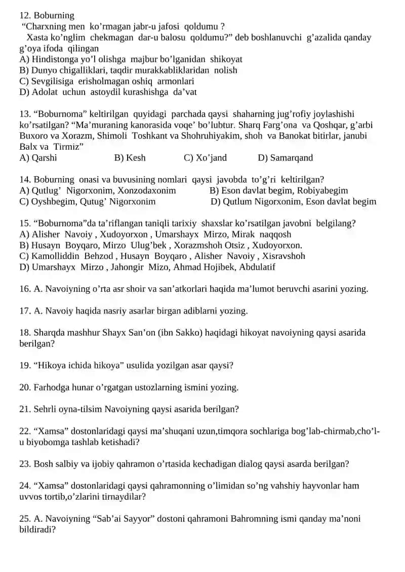 9-sinflar uchun adabiyot fanidan test savollari (II chorak) 2
