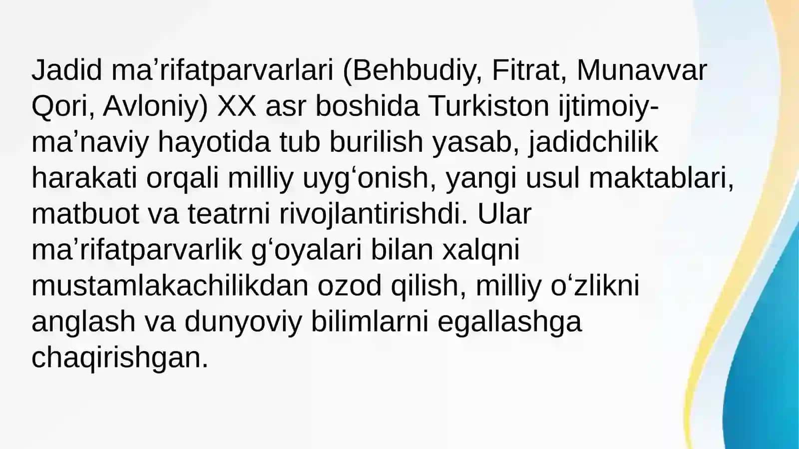 Jadid maʼrifatparvarlari (Behbudiy, Fitrat, Munavvar Qori, Avloniy) 2