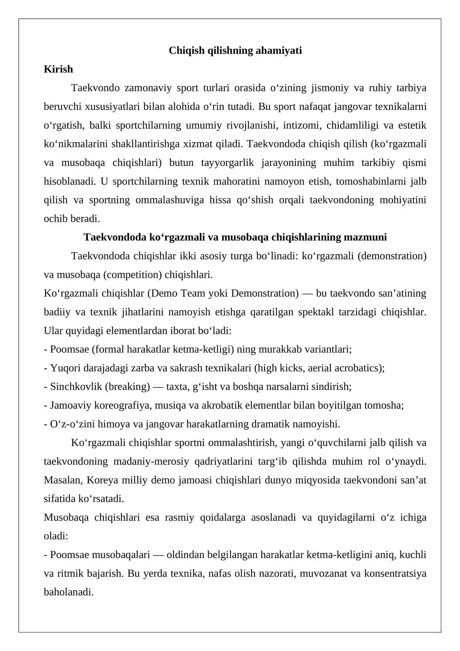 Taekvondoda chiqish qilishning ahamiyati 2