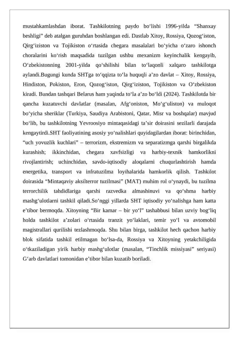 Shanxay hamkorlik tashkiloti va uning faoliyati 2