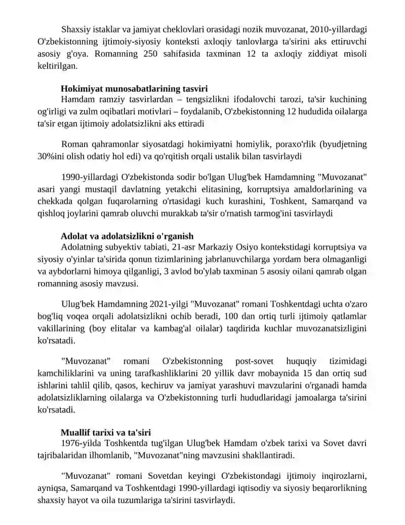 "Muvozanat" romanining mavzu Va g'oyasi 2