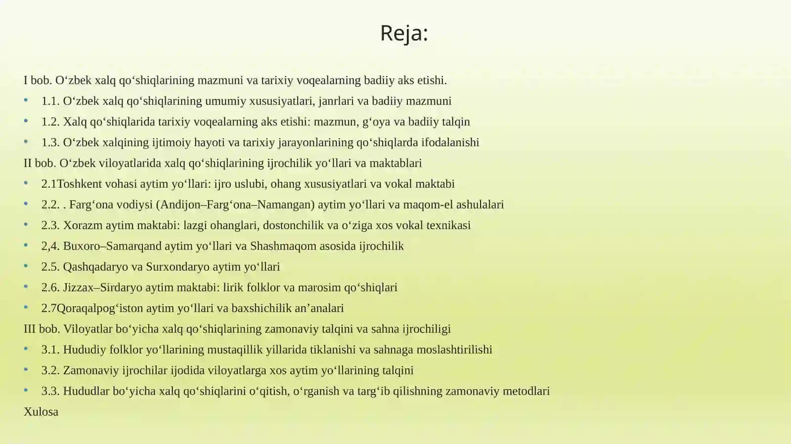 “O'zbekxalqqo'shiqlaridatarixiyvoqeayalarningijrochiligi” 2