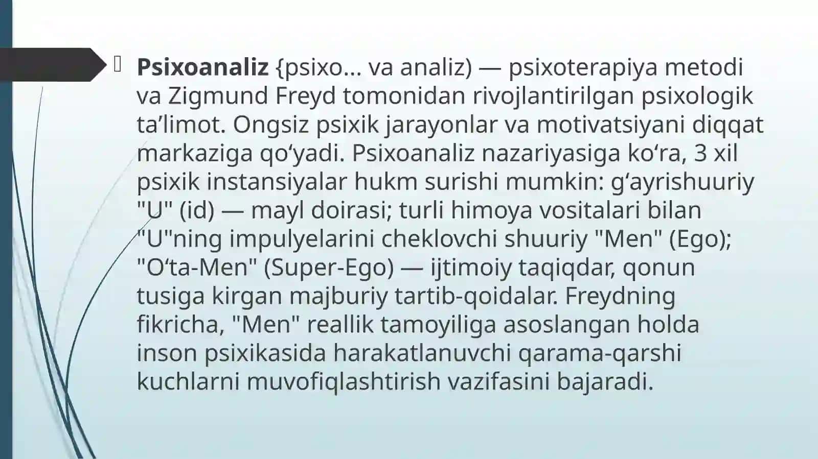 Psixoanaliz ta'limoti va uning tibbiyotdagi o'rni 2