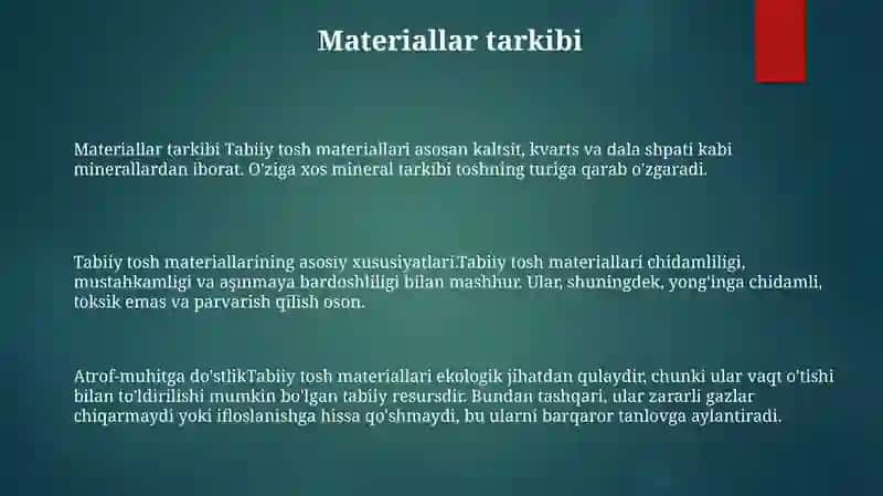 Tabiiy tosh materiallarining asosiy xususiyatlari 2