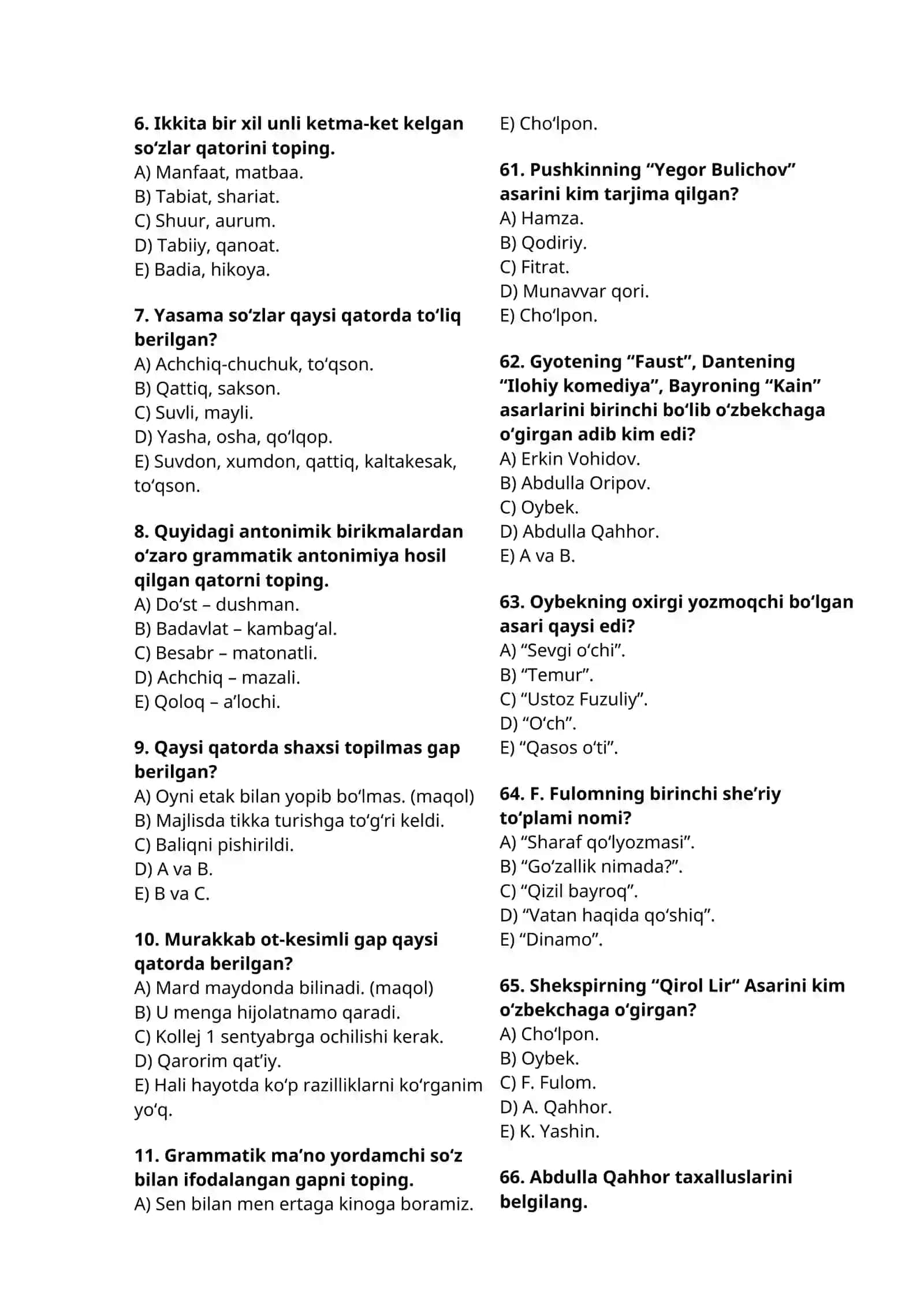 ONA TILI VA ADABIYOTIDAN TEST SAVOLLARI 2