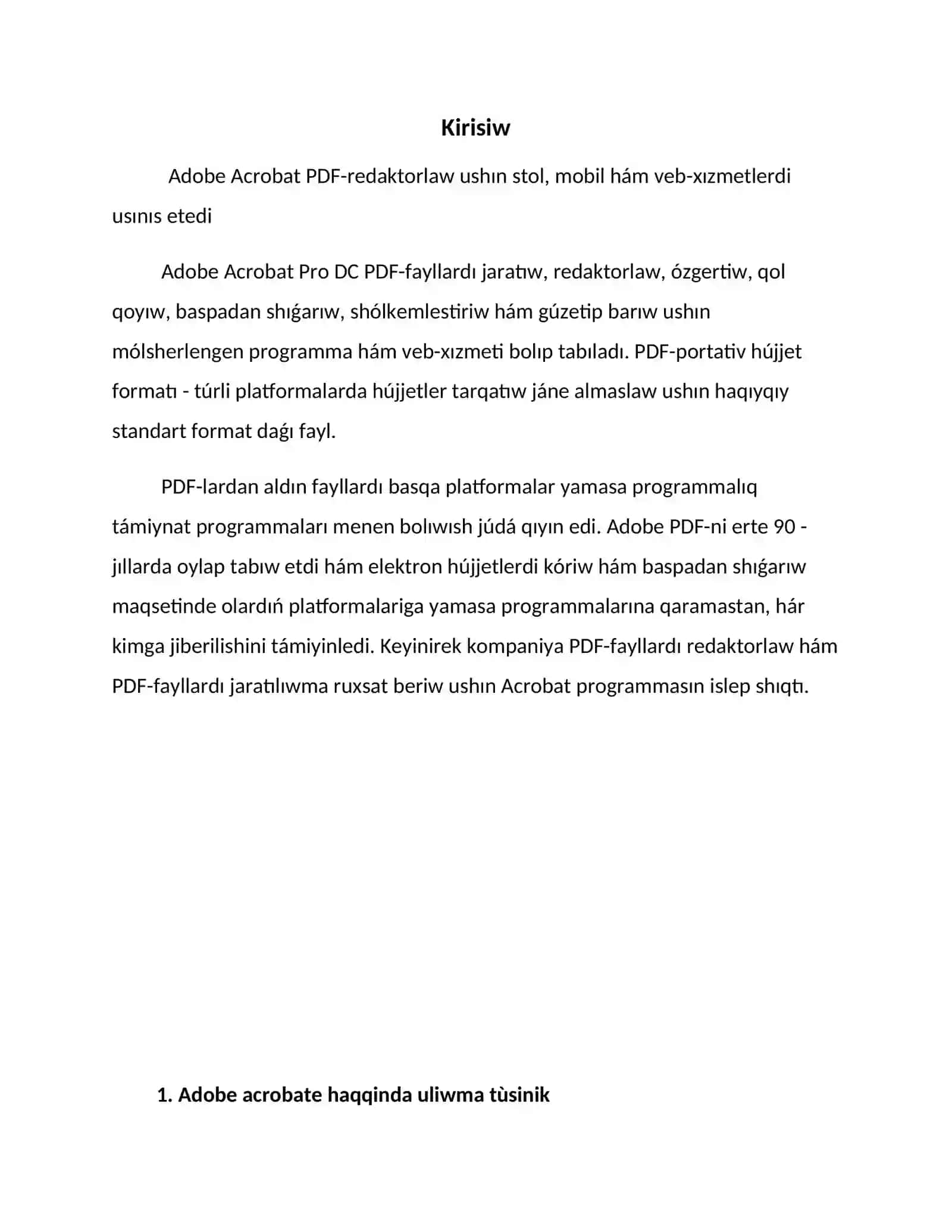 Adobe Acrobat reader programasin ja'rdeminde PDF formatli hujjetlerdi tayarlaw 2