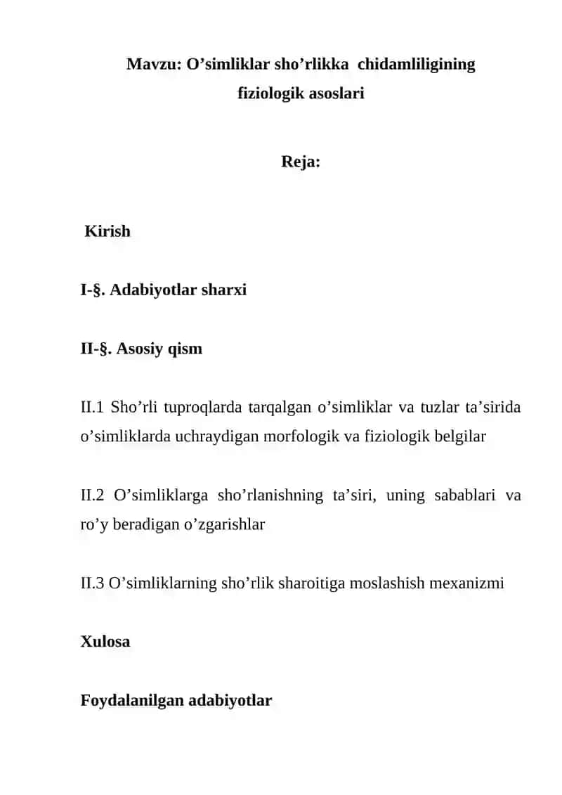 O’simliklar sho’rlikka chidamliligining fiziologik asoslari 2