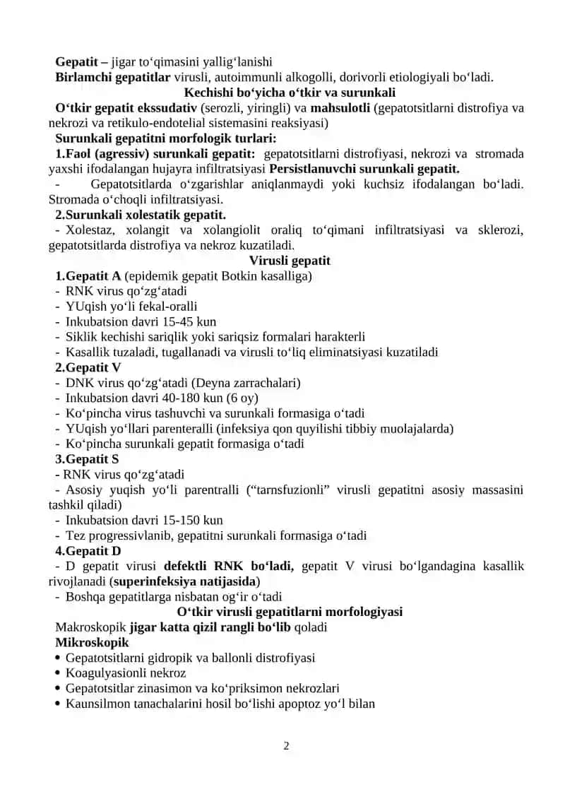 Gepatoz. Gepatit. Virusli gepatitlar. Surunkali gepatit. Jigar sirrozi. Patomorfologiyasi. 2