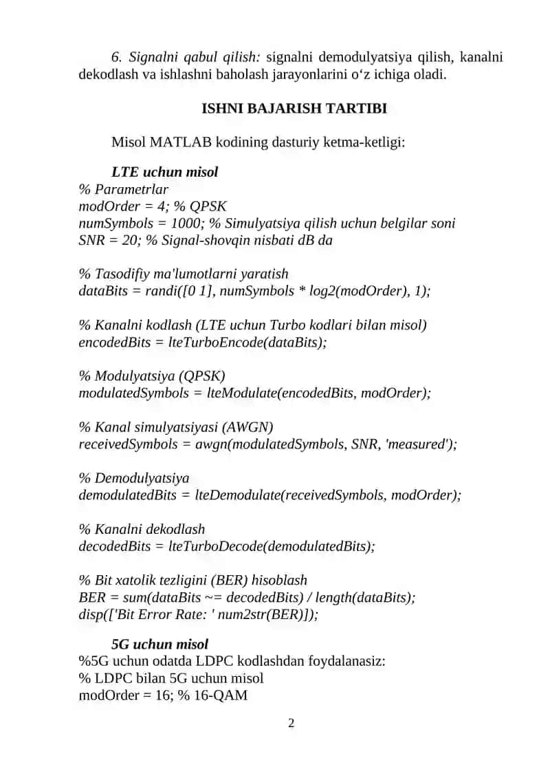 LTE VA 5G TARMOQLARIDA SIGNAL-KOD KONSTRUKSIYASINI MATLAB-COMMUNICATIONS ASOSIDA SIMULYATSIYALASH 2