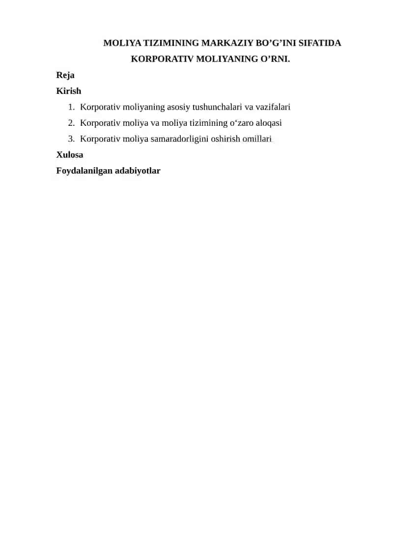 MOLIYA TIZIMINING MARKAZIY BO’G’INI SIFATIDA KORPORATIV MOLIYANING O’RNI 2
