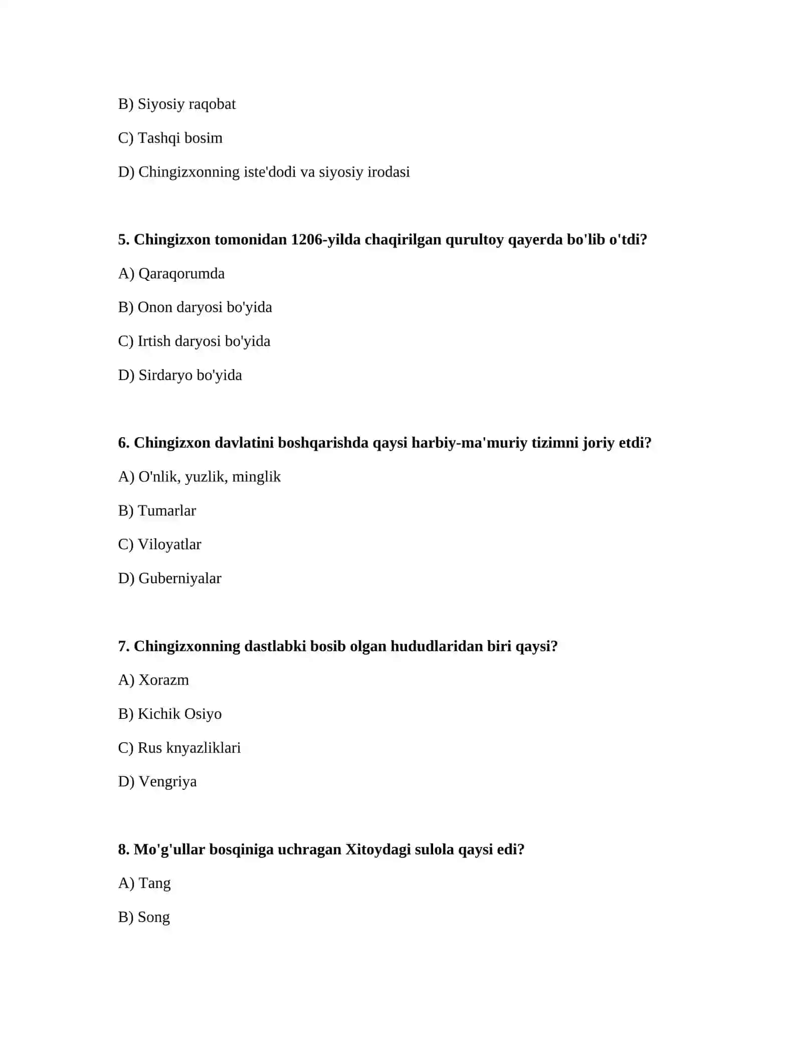 Markazlashgan mo'g'ul davlatining tashkil topilishi, ochiq test 2