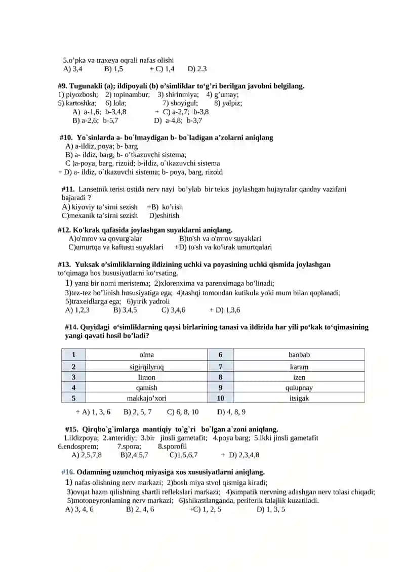 Biologiyadan test savollari 2