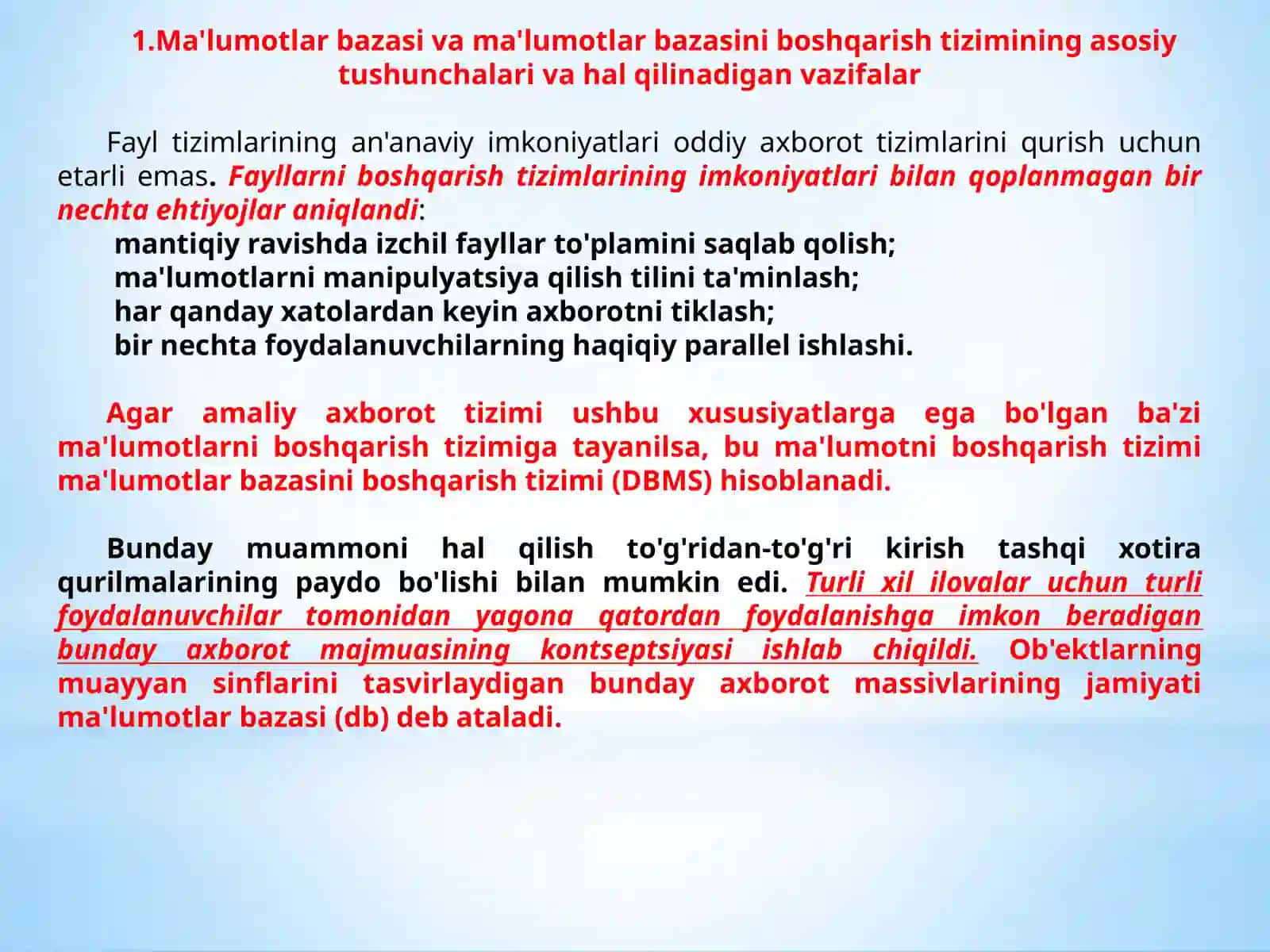Ma'lumotlar bazasini boshqarish tizimining asosiy vazifalari 2