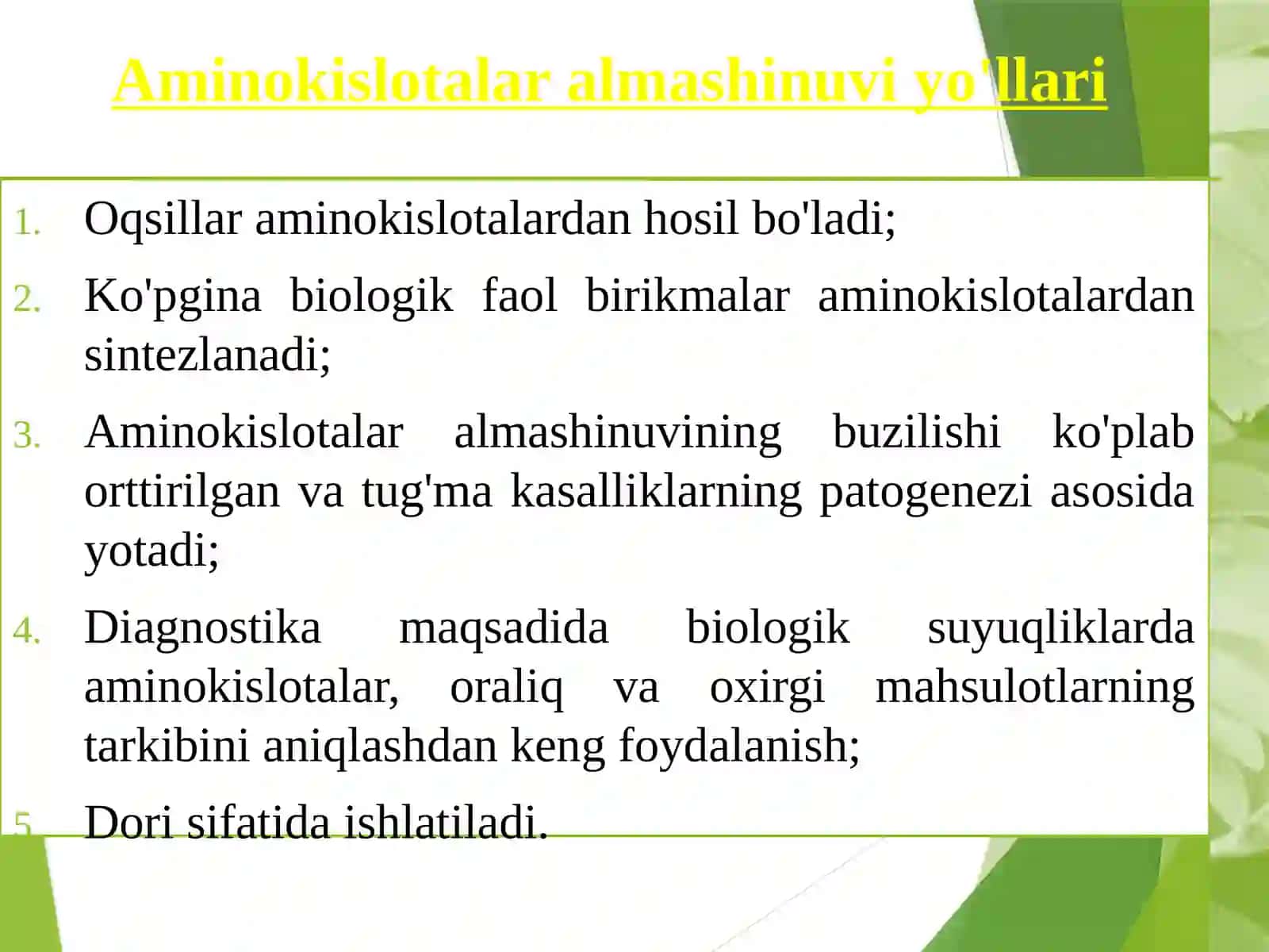Aminokislotalar almashinuvining umumiy yo’llari 2