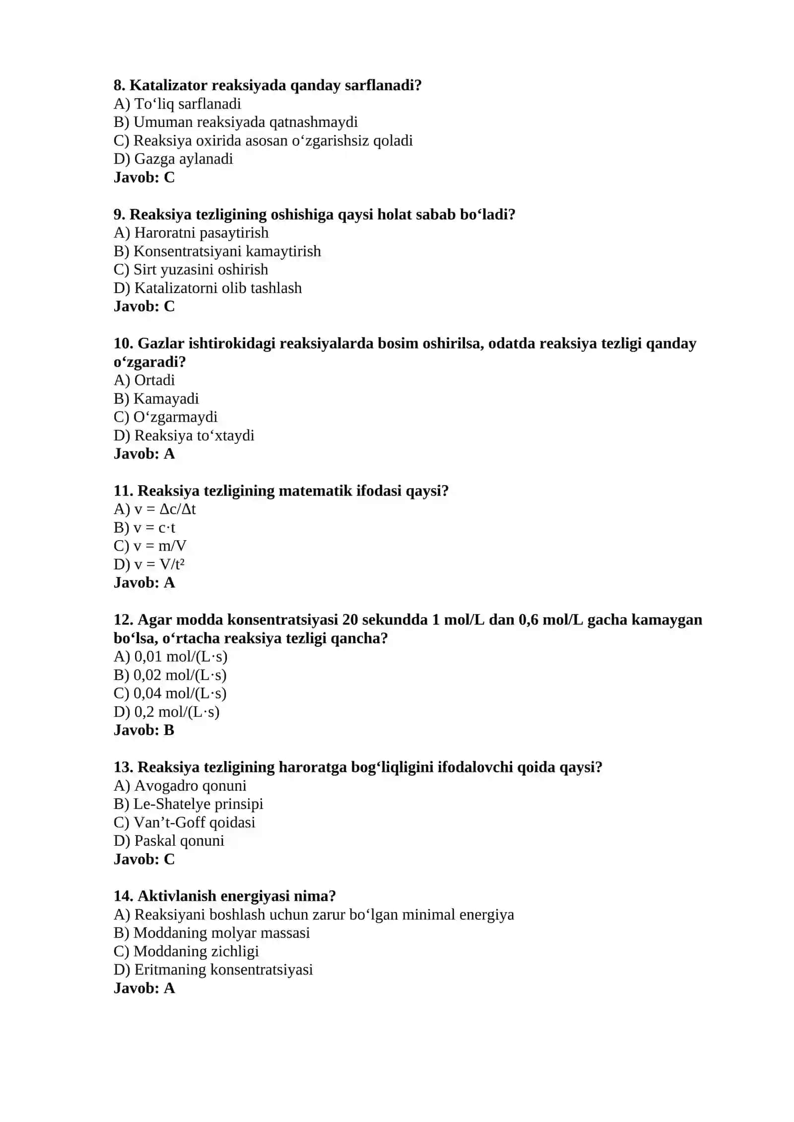 Kimyoviy reaksiyalarning tezligi - Testlar 2