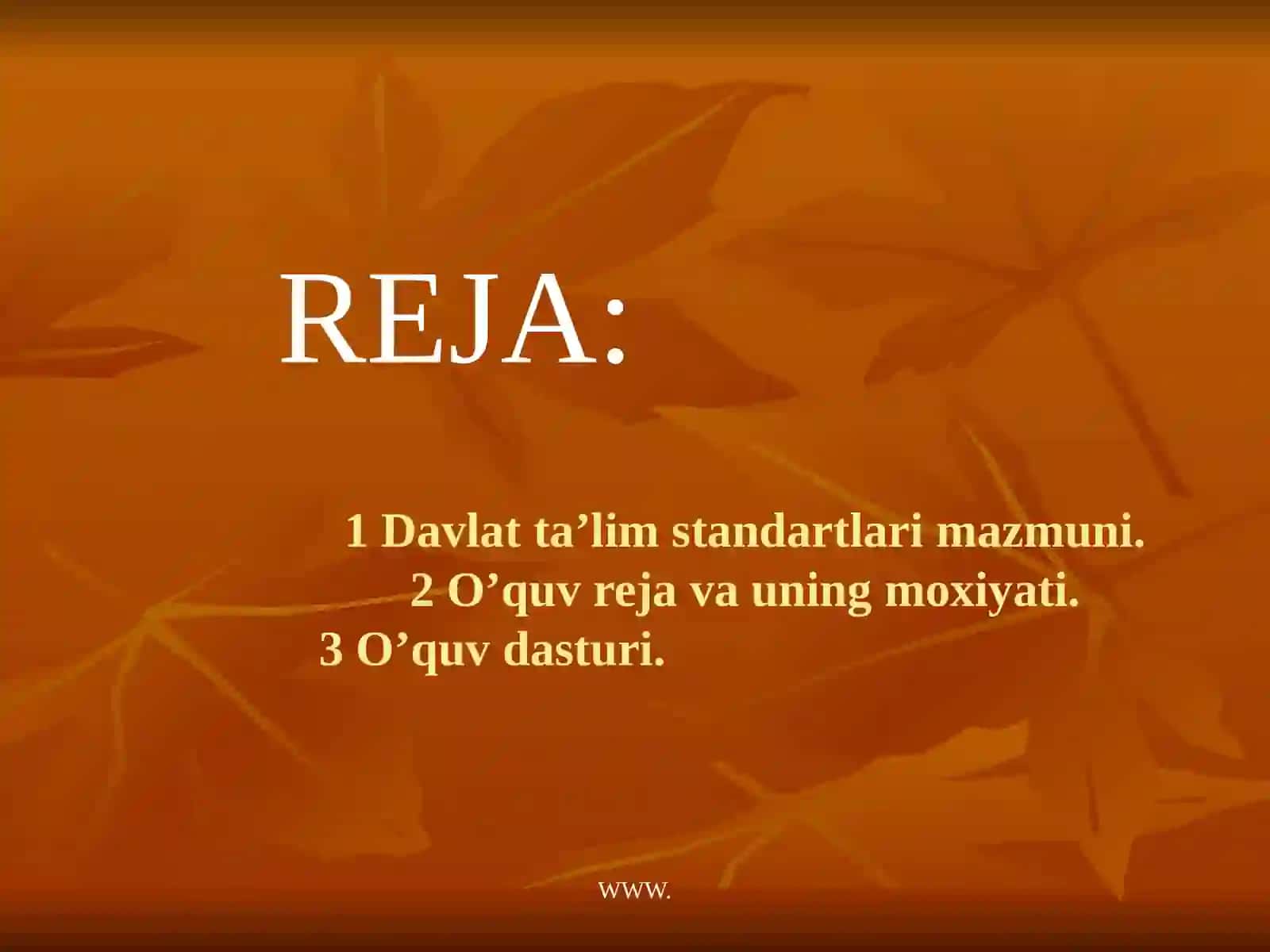 Davlat ta'lim standartlari o’quv reja, o’quv dasturining mohiyati va mazmunida tayyorlagan 2