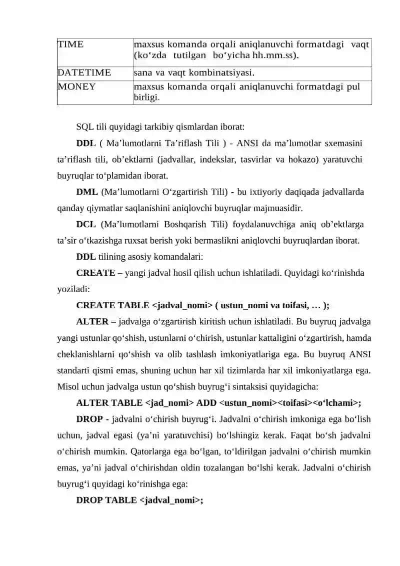 SQL tilida jadvallar yaratish, o‘zgartirish va o‘chirish 2
