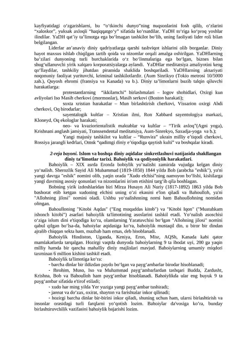 ZAMONAVIY DINIY HARAKATLAR VA SEKTALAR 2
