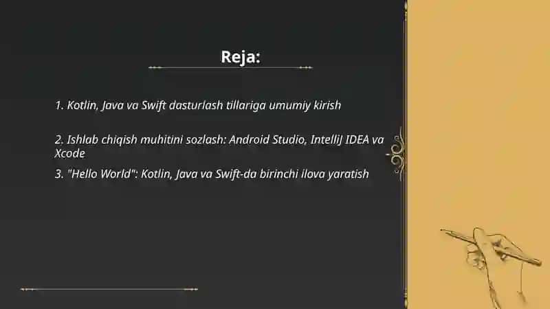 Kotlin, Java va Swift dasturlash tillarida ilovalar ishlab chiqish Raxximov 2