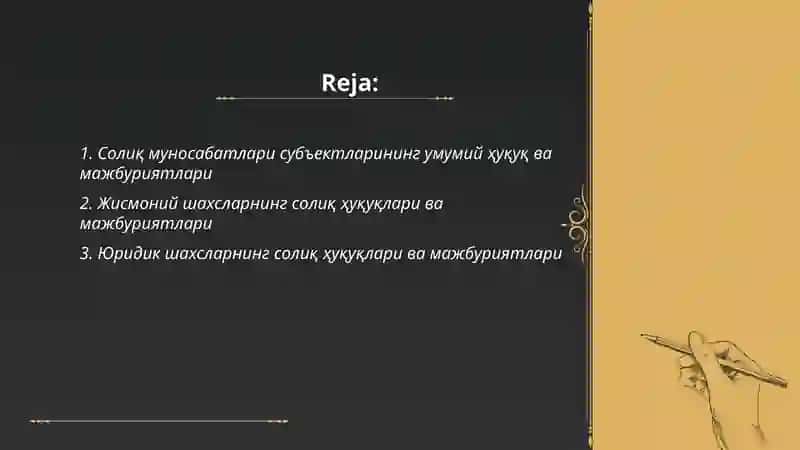 Узбекистон Республикаси солик мунособатларининг субьектларининг хукуклари ва мажбуриятлари 2