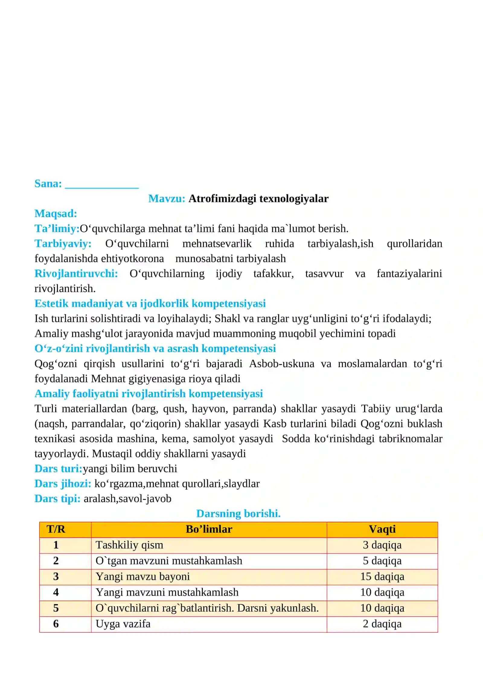 3-sinf Texnologiya fanidan Atrofimizdagi texnologiyalar mavzusida dars ishlanma 2