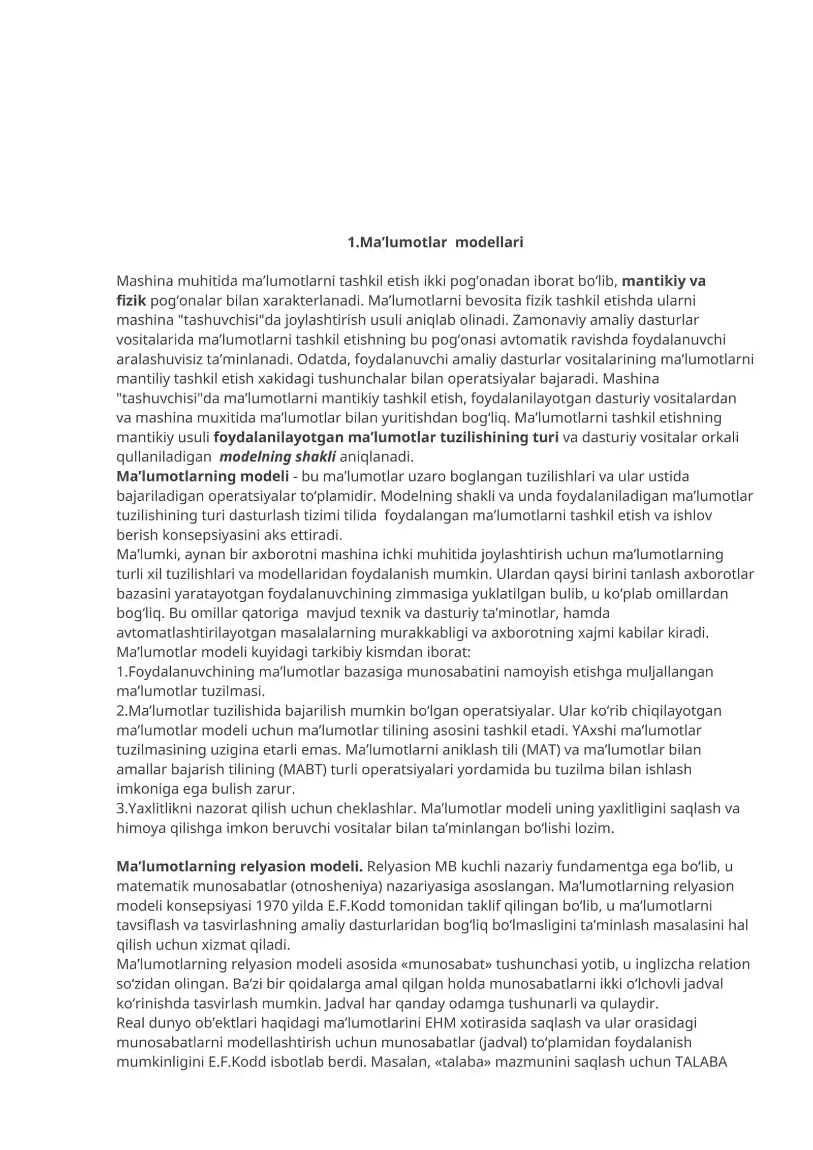 Ma’lumotlar modellari 2