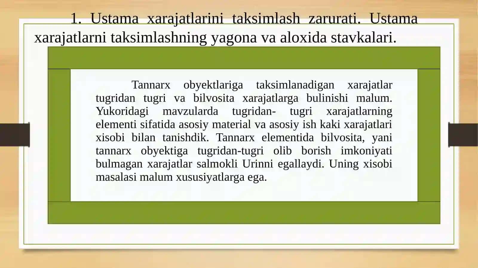 Ustama xarajatlar. Ustama xarajatlarni taqsimlashning reja  stavkalari. Ustama xarajatlarini taqsimlash zarurati. Ustama xarajatlarni taqsimlashning to'g’ri usuli 2