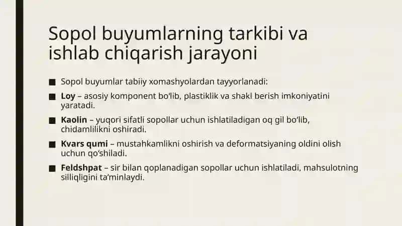 Sopol buyumlar to'g'risida umimiy ma'lumotlat 2