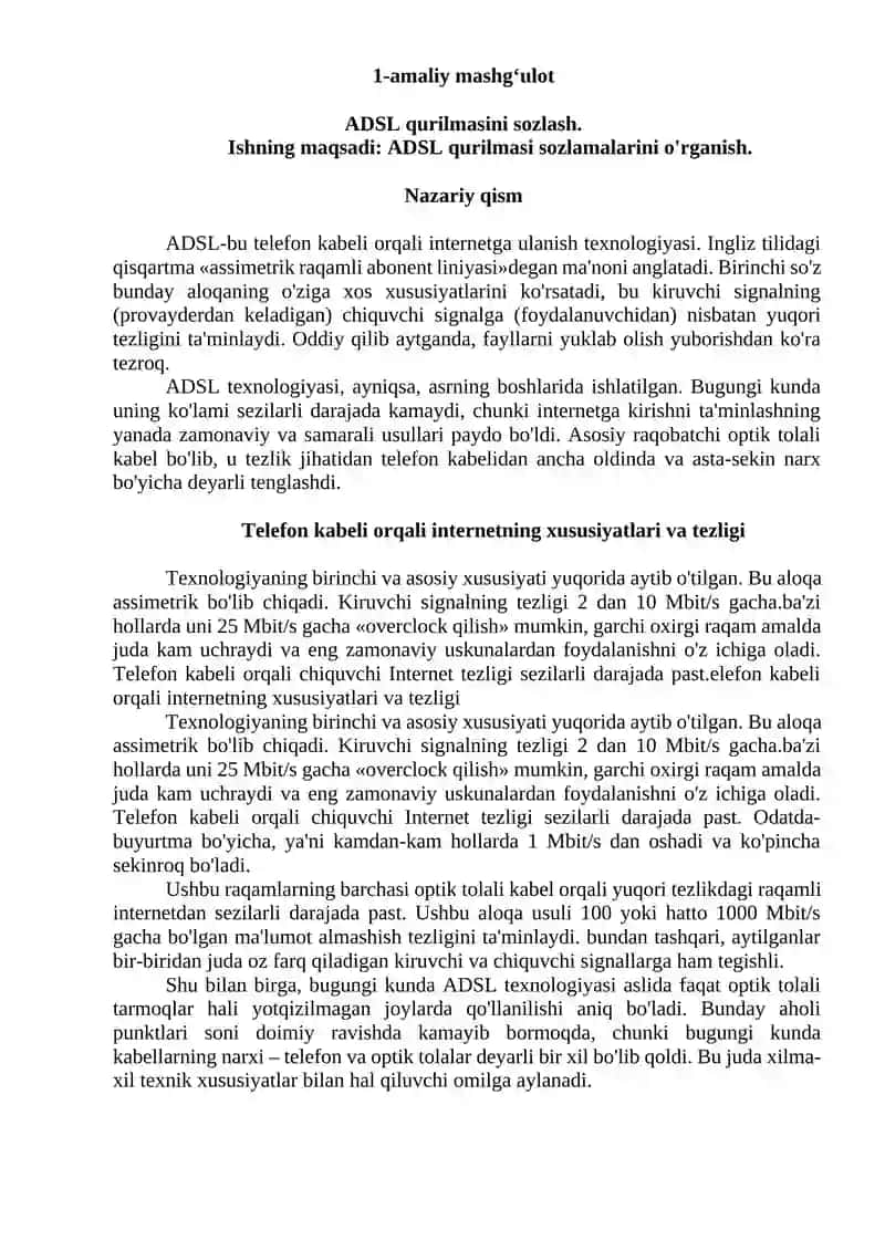 ADSL qurilmasini sozlash, Zigbee texnologiyasi asosida tarmoq qurish, Wi-Fi, WiMAX (WLAN) asosidagi abonent kirish tarmoqlari 2