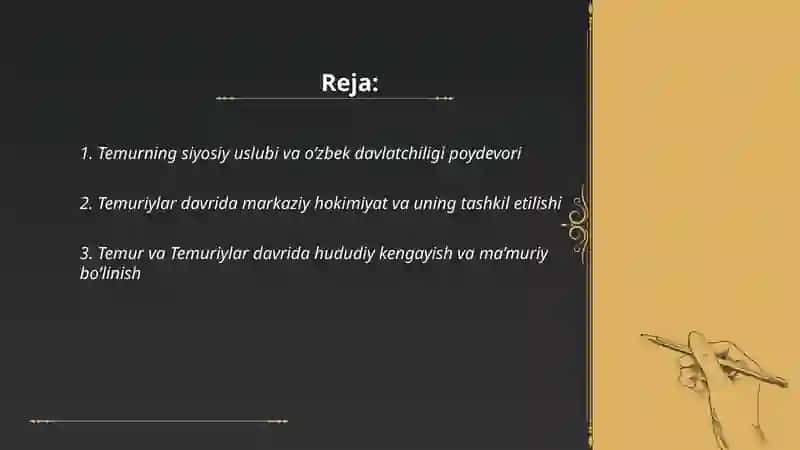 Temur va Temuriylar davrida o’zbek davlatchiligi 2