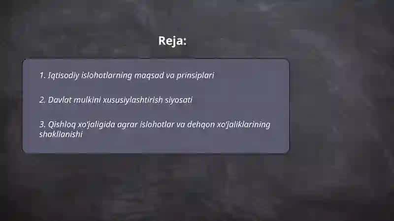 Iqtisodiy islohotlar, xususiy mulkchilikning shakillanishi. Oʻzbekistonda bozor munosabatlarining rivojlanishi 2