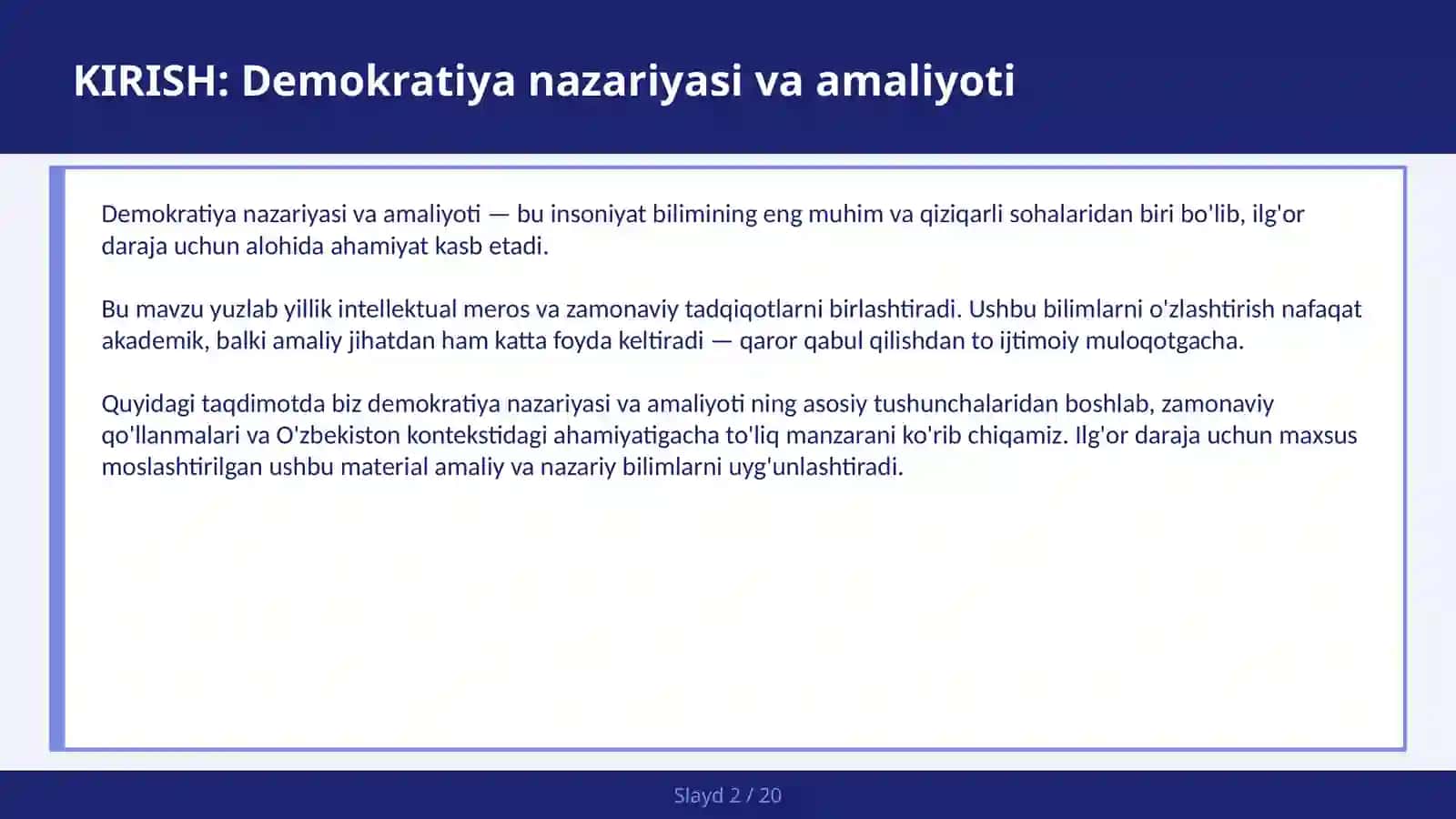 DEMOKRATIYA NAZARIYASI VA AMALIYOTI 2