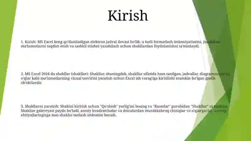 MS Excel 2016 Da Shakllar (Formalar) Tushunchasi, Vazifasi Va UniTashkilQilish 2