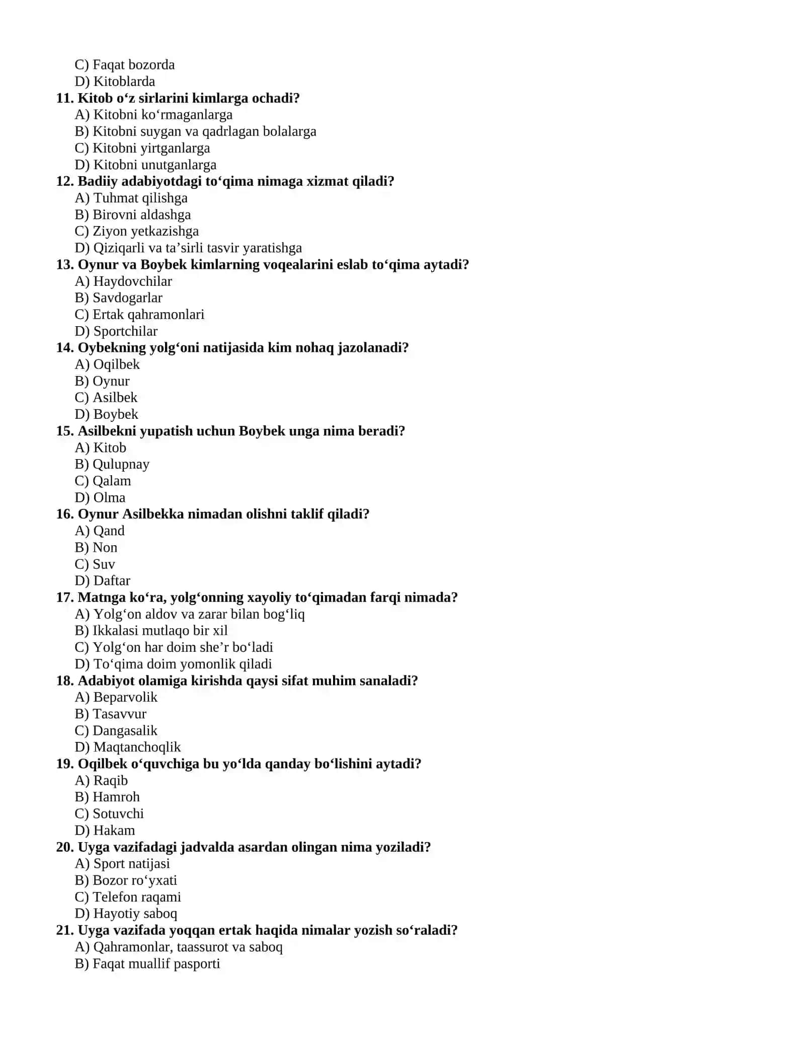 5-SINF ADABIYOTI 1-QISM BOʻYICHA TESTLAR 2