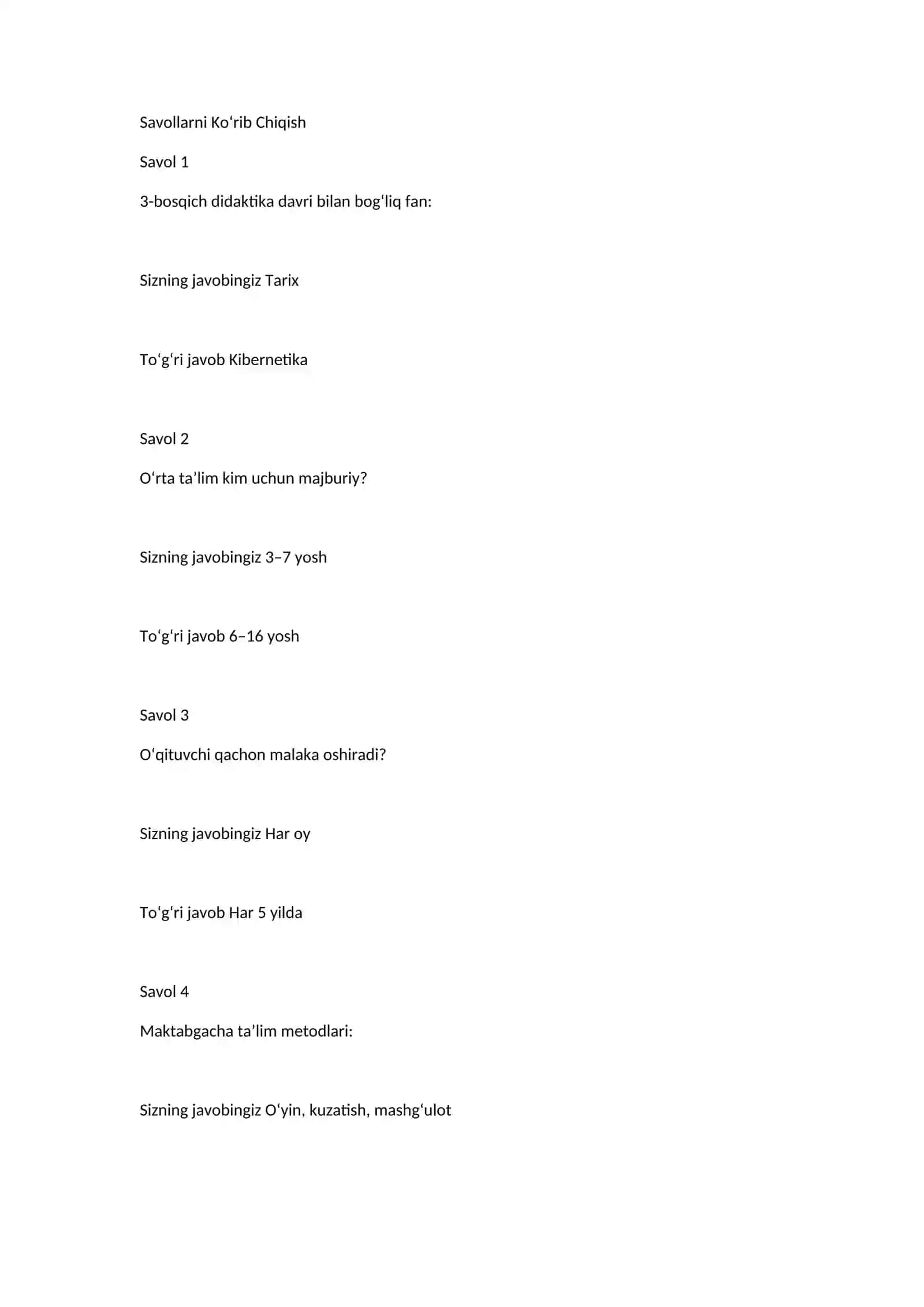 Umumiy pedagogika 200 ta test javoblari bilan 2