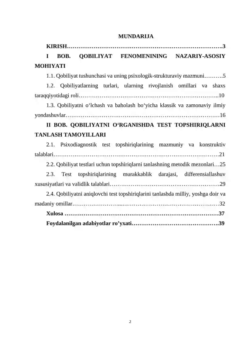 Qobiliyatni o’rganish test topshiriqlarni tanlash 2