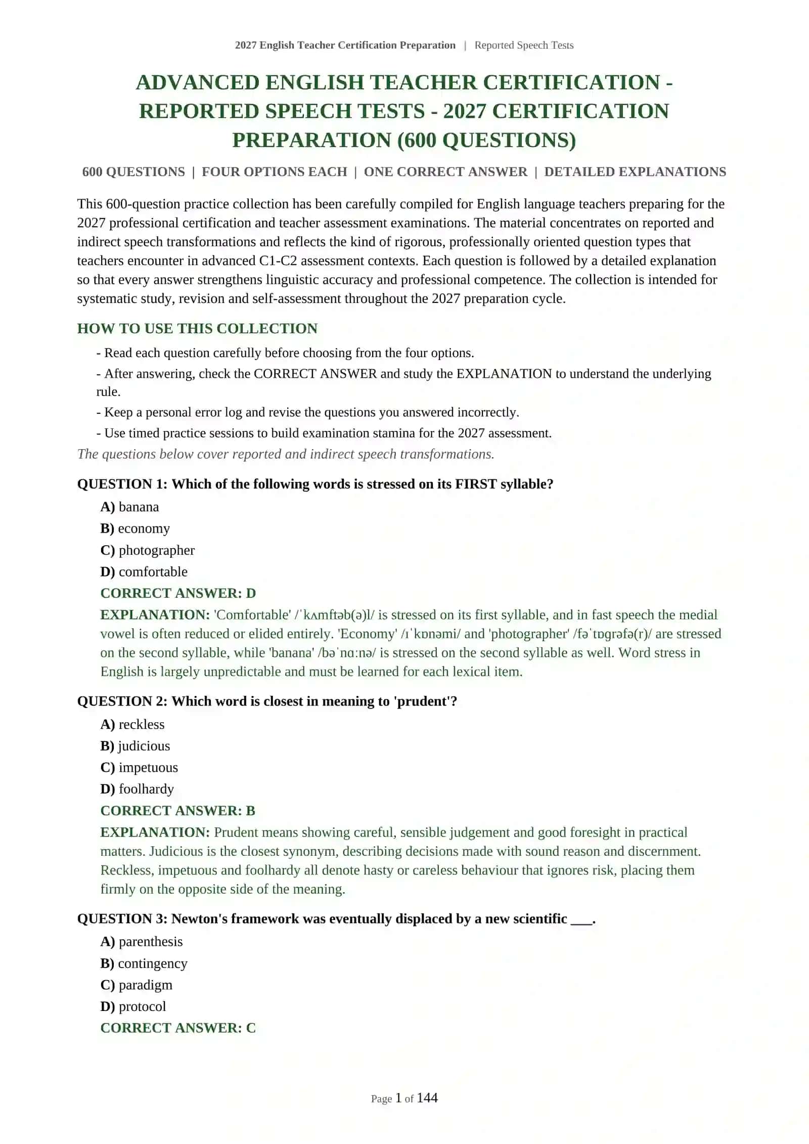 Advanced English Teacher Certification - Reported Speech Tests 2