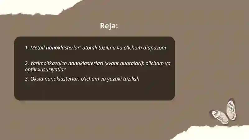 Nanoklasterlar turlari ularni ôlchami 2