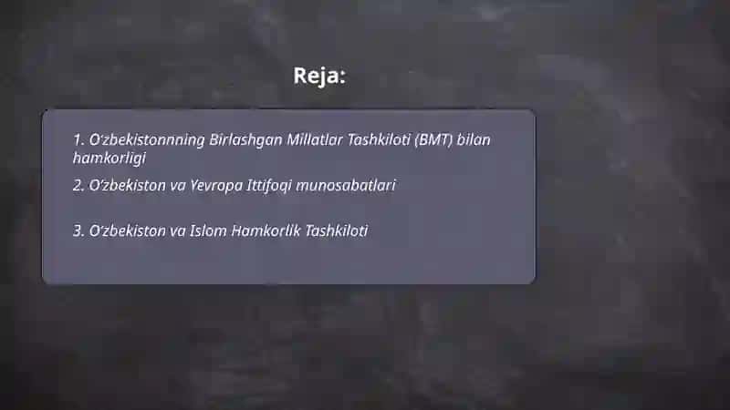 O'zbekistonning xalqaro tashkilotlar bilan hamkorlik aloqalari 2