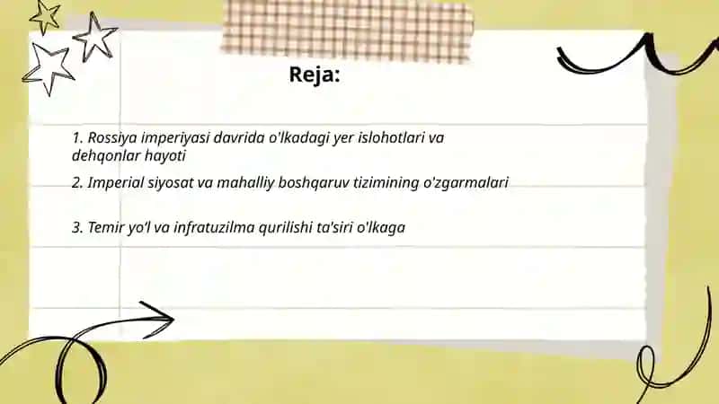 Rossiya imperiyasi va sovet hukmronligi davrida o'lkadagi ijtimoiy-iqtisodiy, siyosiy va ma'naviy jarayonlar 2
