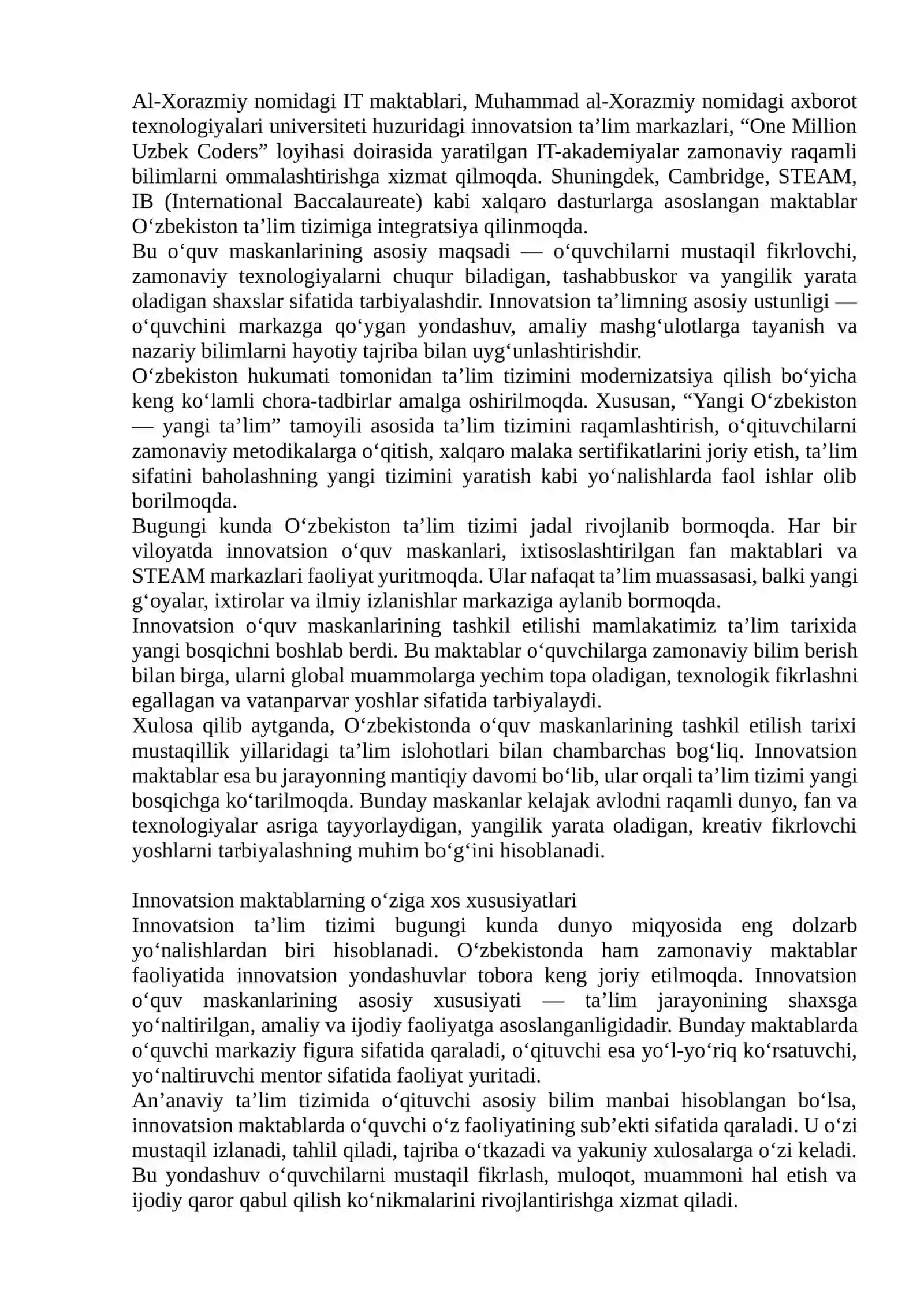 O‘zbekiston Respublikasida innovatsion o‘quv maskanlari 2