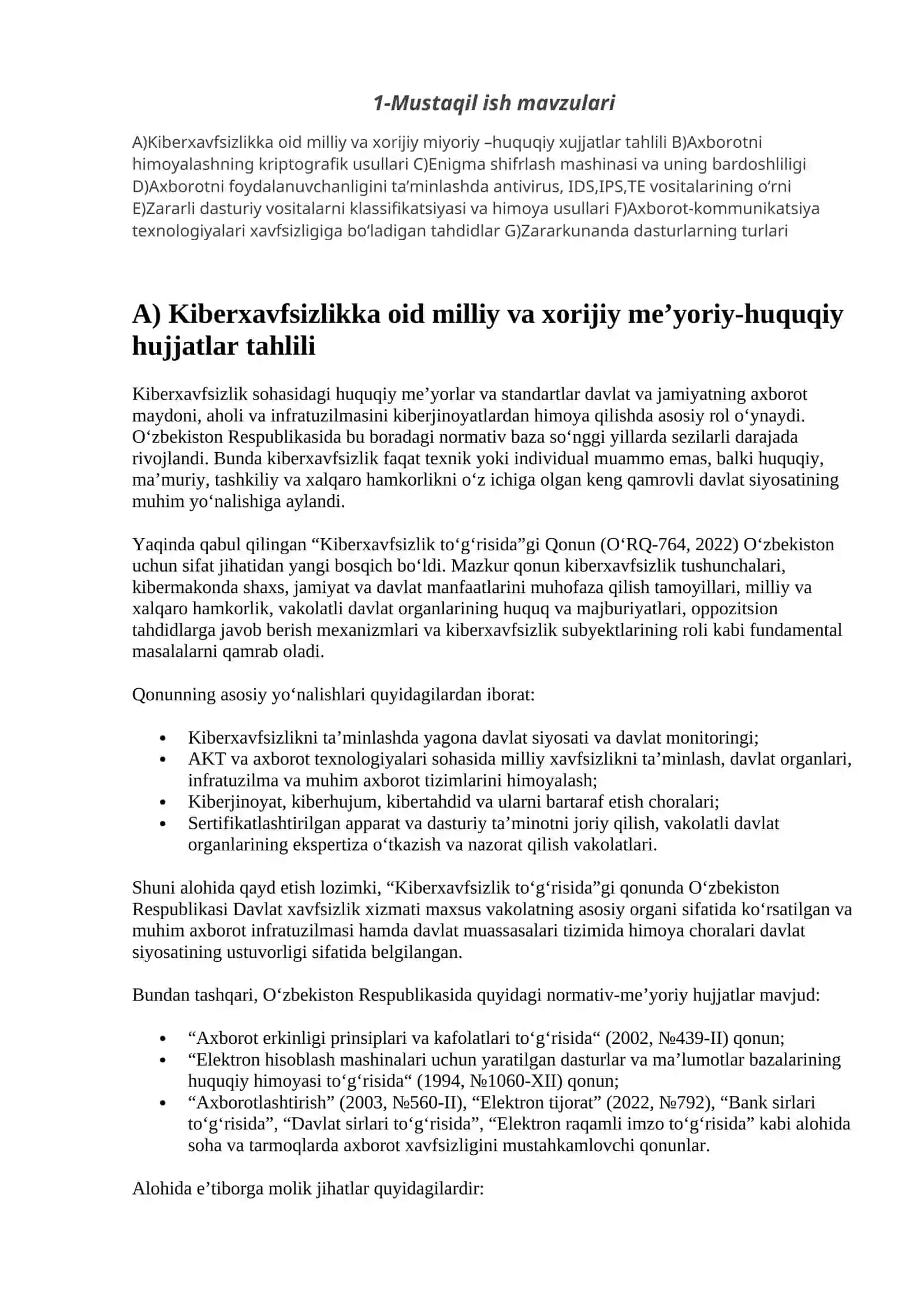 Kiberxavfsizlik asosolari fanidan 1-Mustaqil ish 2