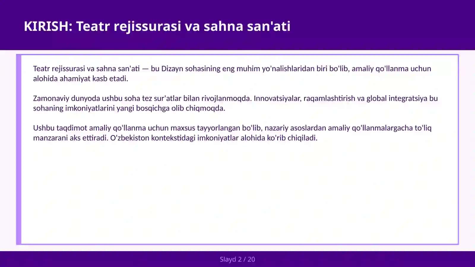 Teatr rejissurasi va sahna san'ati 2