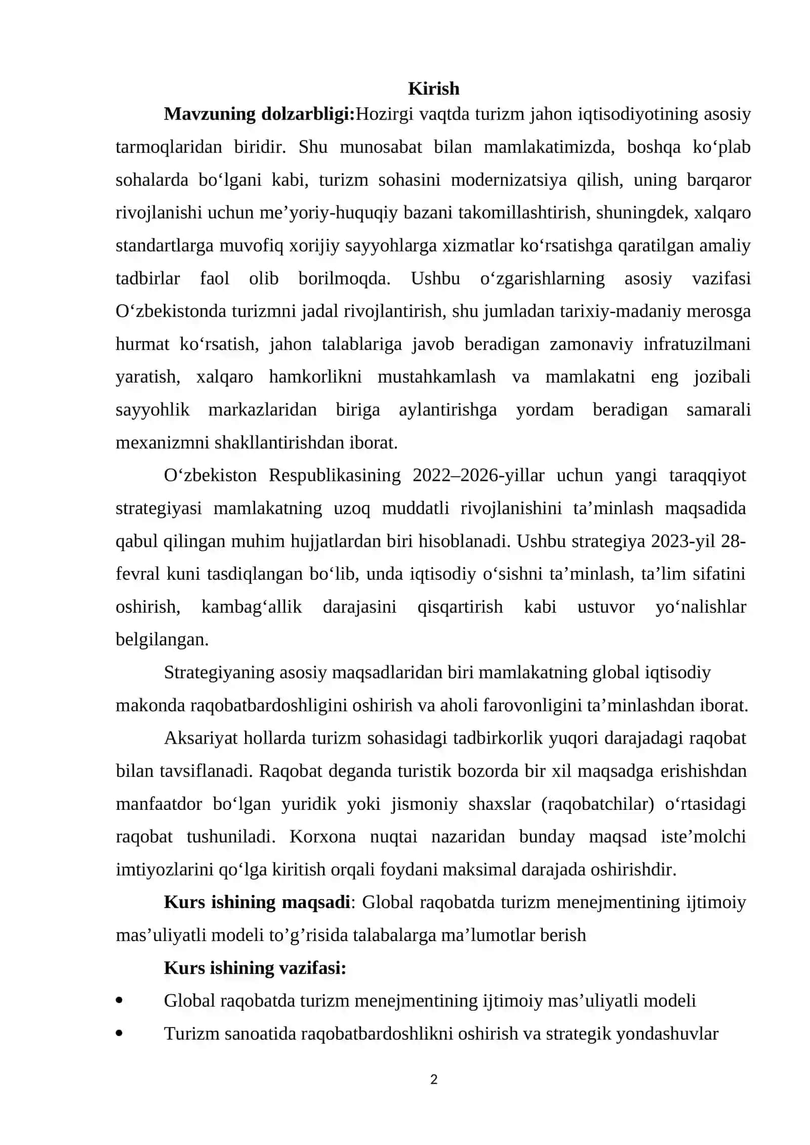 Turizmda raqobat strategiyasini ishlab chiqish 2