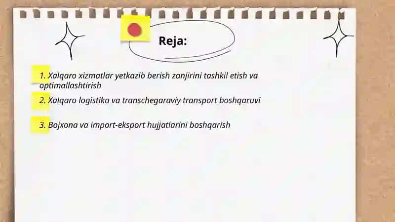 XALQARO BOZOR UCHUN XIZMATLARNI YETKAZIB BERISH BOSHQARISH VA NAZORAT QILISHNI YOLGA QOYISH 2