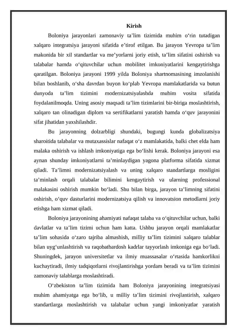 Boloniya jarayonlari va uning ta'lim modernizatsiyalashdagi roli. 2
